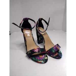 Brash Floral Tapestry Block Heel Sandals Black Multi Metallic Ankle Strap 6.5